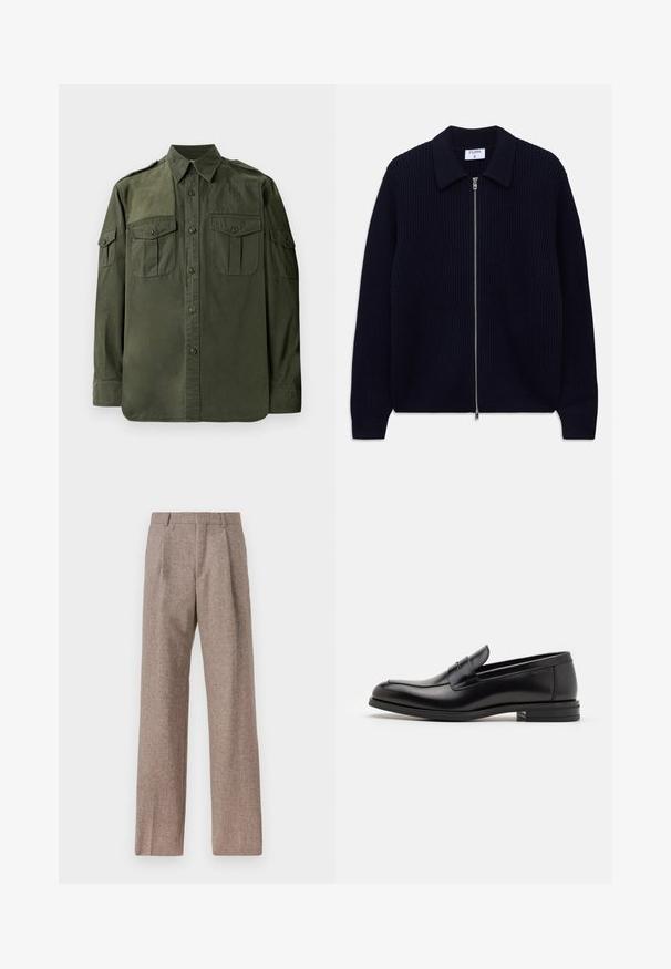 Marineblauwe geribbelde gebreide ritscardigan met kraag en lange mouwen, plat gelegd op een witte achtergrond.; Olijfgroene, lange mouwen shirt van katoen. Heeft een knoopsluiting aan de voorkant, twee borstzakken en schouderepauletten. Gladde textuur.; Bruine, hooggewaisted broeken van een gestructureerde stof. Heeft wijde benen en twee voorplooien voor extra structuur. Net afgewerkt zonder zichtbare hardware.; Zwarte leren instappers met een gladde textuur, ronde neus en een decoratieve band over de wreef. Lage, gestapelde hak en minimalistisch ontwerp.