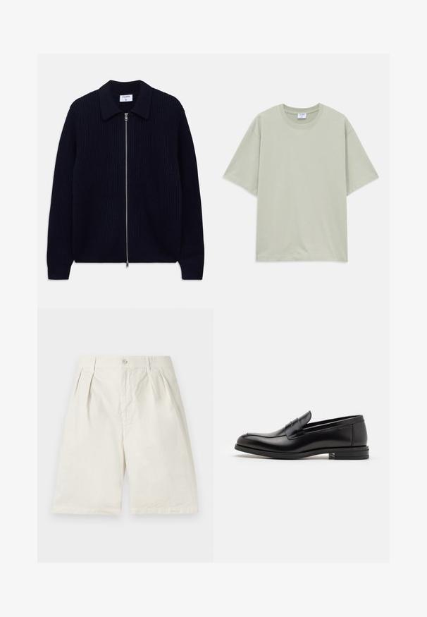 Granatowy kardigan z prążkowanego dzianiny, zapinany na zamek, z kołnierzem i długimi rękawami, leżący płasko na białym tle.; Jasnozielona, luźna bawełniana koszulka z krótkim rękawem i okrągłym dekoltem, leżąca na białym tle.; Beżowe krótkie spodenki bawełniane z plisami z przodu, bocznymi kieszeniami i zapięciem na guzik. Tkanina ma gładką fakturę i dopasowany fason.; Czarne skórzane mokasyny o gładkiej fakturze, zaokrąglonym nosku i dekoracyjnym pasku na przodzie. Niski, warstwowy obcas, minimalistyczny design.