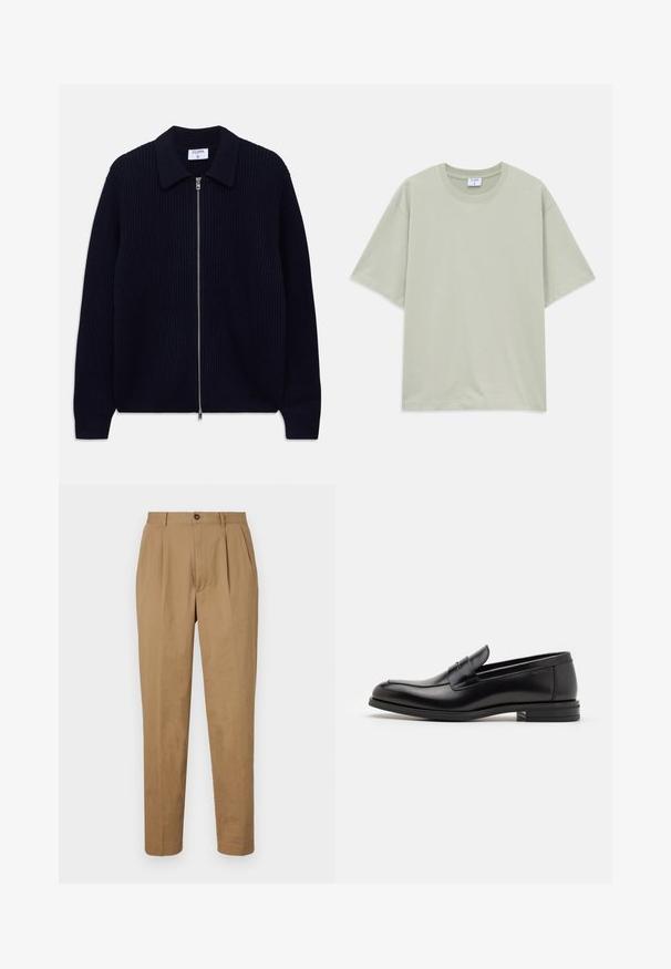 Tumedat sinise ribaga kootud tõmblukkidega sviiter krae ja pikkade varrukatega, asetatud lapikuks valgele taustale.; Kerge rohelise värvi lõdva istuvusega lühikeste varrukatega puuvillane T-särk ümmarguse kaelusega, asetatud tasasele valgele taustale.; Kreemjad pleedid püksid sirge lõikega, valmistatud siledast kangast. Omavad eesmist nööp sulgemist ja küljetaskuid.; Mustad mustad nahast loafers sileda tekstuuriga, ümarat ninaosa ja dekoratiivne riba vampi üle. Madal kihiline konts, minimalistlik disain.
