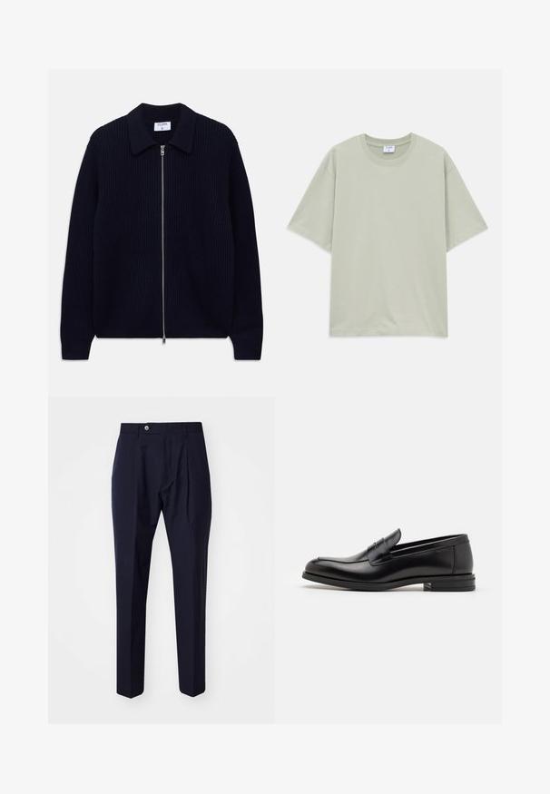Navy blue ribbed knit zip-up cardigan with collar and long sleeves, laid flat on a white background.; Light green loose-fit short-sleeve cotton T-shirt with round neckline, laid flat on white background.; Paul Smith TROUSER - Trousers - grey; Black leather loafers with a smooth texture, rounded toe, and a decorative strap across the vamp. Low stacked heel, minimalist design.