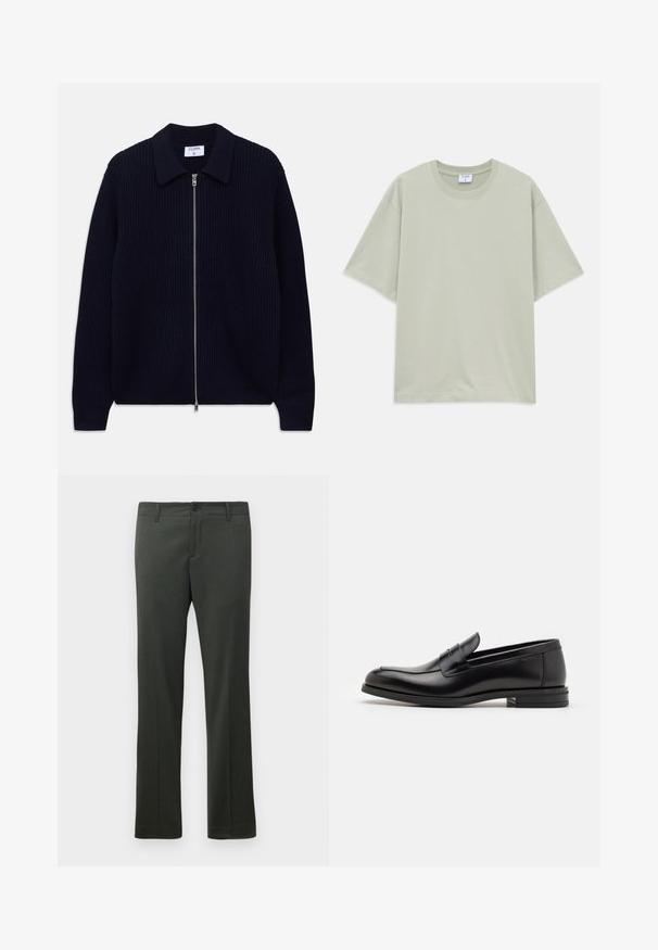 Námornícka modrá rebrovaná pletená kardigán s zipsom, golierom a dlhými rukávmi, položená na bielom pozadí.; Svetlozelené voľné krátke tričko s bavlny s okrúhlym výstrihom, položené na bielom pozadí.; Tmavozelené formálne nohavice s pútkami na opasok, predným zapínaním na gombík a rovnými nohavicami.; Čierne kožené mokasíny s hladkou textúrou, zaoblenou špičkou a dekoračným pásikom cez priehlavok. Nízky vrstvený opätok, minimalistický dizajn.