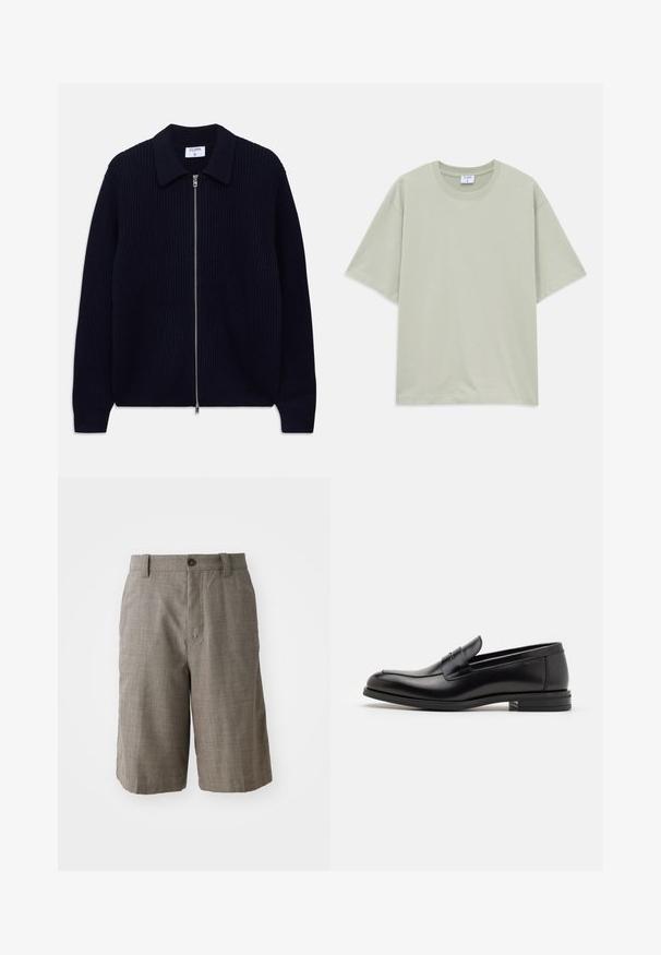 Cardigan zippé en tricot côtelé bleu marine avec col et manches longues, posé à plat sur un fond blanc.; T-shirt en coton vert clair, ample, à manches courtes et col rond, posé à plat sur fond blanc.; Shorts gris à carreaux avec une coupe ajustée, dotés d'une fermeture à bouton à l'avant et de deux poches latérales. Fabriqués en tissu texturé.; Mocassins en cuir noir avec une texture lisse, bout rond et une sangle décorative sur le dessus. Talon bas empilé, design minimaliste.