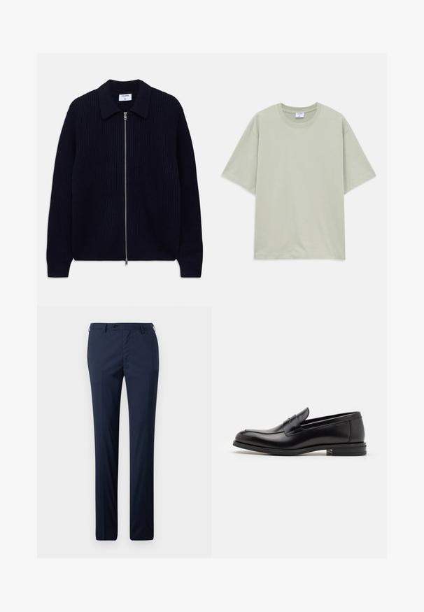 Marineblauwe geribbelde gebreide ritscardigan met kraag en lange mouwen, plat gelegd op een witte achtergrond.; Lichtgroene losse korte mouwen katoenen T-shirt met ronde hals, liggend op een witte achtergrond.; Navy dress pants in een rechte snit, met een gladde textuur, een enkele knoopsluiting en riemlussen voor een op maat gemaakte pasvorm.; Zwarte leren instappers met een gladde textuur, ronde neus en een decoratieve band over de wreef. Lage, gestapelde hak en minimalistisch ontwerp.