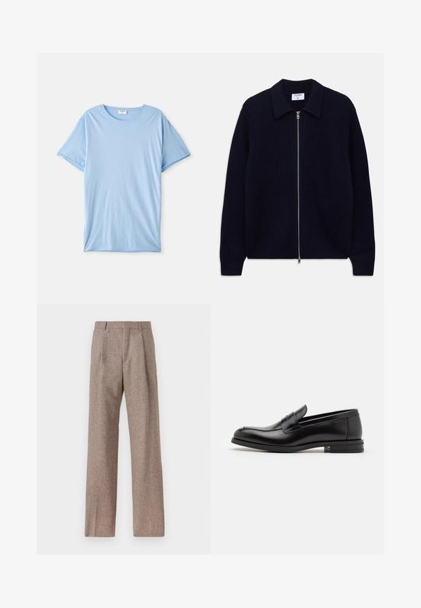 Cardigan cu fermoar, tricotat cu nervuri, de culoare bleumarin, cu guler și mâneci lungi, întins pe un fundal alb.; Tricou cu mânecă scurtă, de culoare albastru deschis, întins pe un fundal alb.; Pantaloni bej, cu talie înaltă, dintr-un material texturat. Prezintă picioare late și două pliseuri frontale pentru structură. Finisaj îngrijit, fără accesorii vizibile.; Mocasini din piele neagră cu o textură netedă, vârf rotund și o curea decorativă peste partea superioară. Toc mic, design minimalist.