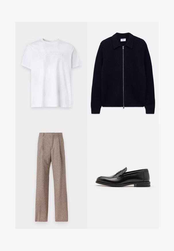 Sötétkék bordás kötött zipzáras kardigán gallérral és hosszú ujjal, simítva fehér háttérre.; Fehér, rövid ujjú, kerek nyakú póló, középen, sima háttér előtt domborított "MICHAEL KORS" logóval.; Barna, magas derekú nadrág texturált anyagból. Széles szárai és két elülső redője biztosítja a struktúrát. Ízléses kivitel, látható fémszerelés nélkül.; Fekete bőr loaferek sima textúrával, kerek orral és dekoratív pánttal a vampnál. Alacsony, rétegelt sarkú, minimalista dizájn.