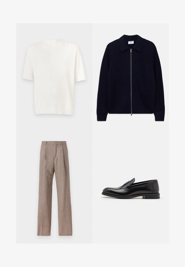 Temno modra rebrasta pletena jopica na zadrgo s ovratnikom in dolgimi rokavi, razporejena na beli podlagi.; Bela kratka majica s kratkimi rokavi iz rebrastega džersija. Okrogla odprtina za vrat in mehak tekstur. Ravnokoten kroj z rahlim leskom. Lahka, vsestranska zasnova.; Rjave hlače z visokim pasom, izdelane iz teksturirane tkanine. Imajo široke noge in dve sprednji pregibi za strukturo. Urejen zaključek brez vidne strojne opreme.; Črne usnjene loafer čevlje z gladko teksturo, zaobljenim nosom in dekorativnim trakom čez zgornji del. Nizka zložena peta, minimalističen dizajn.