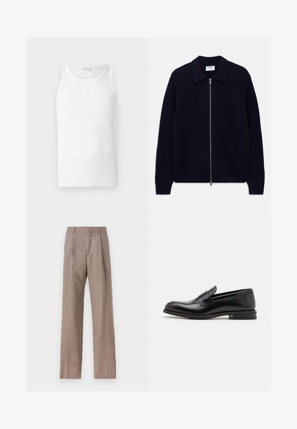 Cárdigan de punto acanalado azul marino con cremallera, cuello y mangas largas, dispuesto plano sobre un fondo blanco.; Top blanco sin mangas, hecho de tejido de algodón acanalado, con un escote redondo y un diseño sin mangas, de textura suave y sin patrones visibles.; Pantalones marrones de cintura alta hechos de una tela texturizada. Presentan piernas anchas y dos pliegues frontales para dar estructura. Acabado limpio sin hardware visible.; Mocasines de cuero negro con una textura suave, puntera redondeada y una tira decorativa en el empeine. Tacón bajo apilado, diseño minimalista.