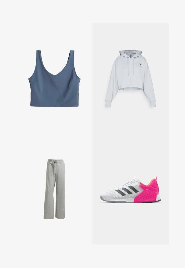 adidas by Stella McCartney HOODIE - Zip-up sweatshirt - clear onix; Blue cropped tank top with a V-neck design, made from a smooth fabric. Features wide straps and a single pocket detail on the side.; Light grey sweatpants made of soft material, featuring a drawstring waist, wide leg design, and a small logo on the lower left leg.; White athletic shoe with grey stripes, mesh upper, and pink heel and accents. Features textured heel and rubber outsole. Laces and padded collar.
