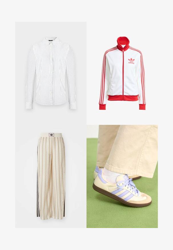 White track jacket with red accents, full zip, high collar, three red stripes on sleeves, and embroidered red Adidas logo on the chest.; White button-up shirt with vertical navy stripes, long sleeves, a pointed collar, and rounded hem. Features yellow buttons.; Cream-colored wide-leg pants with a zigzag pattern, featuring a black logo waistband and side black stripes. Lightweight, textured fabric.; Cream and lavender sneakers with three stripes and a textured brown sole, featuring laces and a padded heel. Soft fabric upper.
