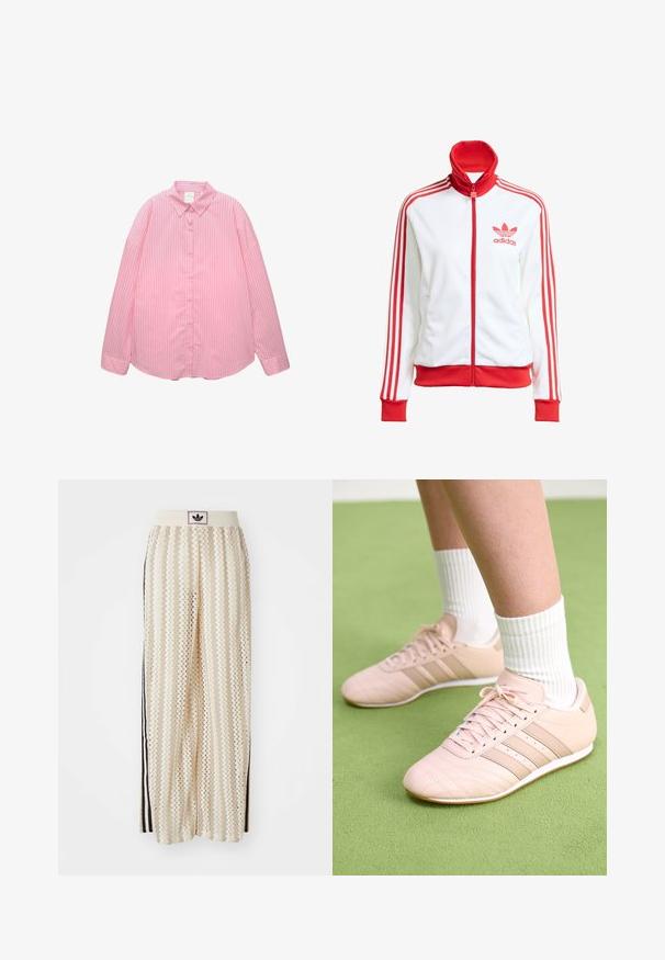 Bílá sportovní bunda na zip s červenými akcenty, vysoký límec, tři červené pruhy na rukávech a vyšitým červeným logem Adidas na hrudi.; Světle růžová košile na knoflíky s vertikálními bílými pruhy, s špičatým límcem a dlouhými rukávy s ohrnutými manžetami, vyrobená z hladkého látkového materiálu.; Krémové široké kalhoty s cikcak vzorem, s černým logem na pásu a černými pruhy po stranách. Lehčí, texturovaná tkanina.; Svetle růžové sportovní boty s diagonálním švem, bílou podrážkou a třemi bočními pruhy. Nosené s bílými žebrovanými ponožkami na zeleném povrchu.