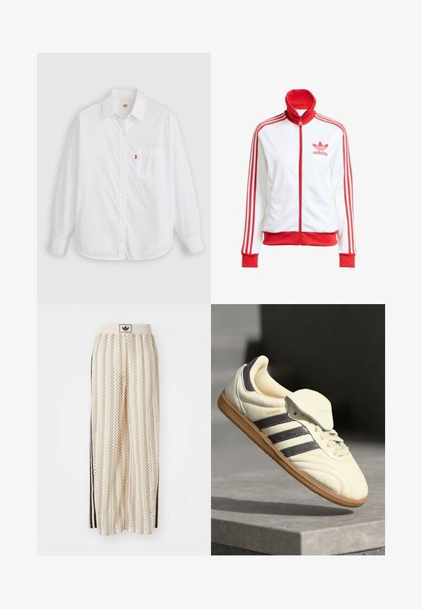 Chaqueta de pista blanca con acentos rojos, cremallera completa, alta, tres franjas rojas en las mangas y logo bordado en rojo de Adidas en el pecho.; Camisa de botones de manga larga blanca, hecha de algodón. Presenta un cuello, un bolsillo frontal, dobladillo redondeado y una pequeña etiqueta de logo roja cerca del bolsillo.; Pantalones de pierna ancha en color crema con un patrón en zigzag, que cuentan con una cinturilla con logo negro y franjas negras en los laterales. Tejido ligero y texturizado.; Zapatilla de cuero crema con tres rayas oscuras, suela de goma marrón y punta redondeada. Cuenta con una lengüeta plegable etiquetada como "SAMBA".
