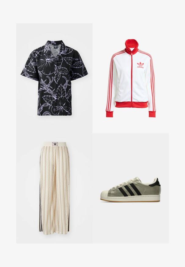 Bijela sportska jakna s crvenim detaljima, puna zatvarač, visoki ovratnik, tri crvene pruge na rukavima i vezeni crveni Adidas logo na prsima.; Crna košulja kratkih rukava s bijelim cvjetnim i lišćem uzorcima, dizajn s dugmadima i šiljastim ovratnikom. Lagani materijal s glatkom teksturom.; Pantalone širokog kroja krem boje s zigzag uzorkom, koji sadrži sivi pojas s crnim logotipom i bočne crne pruge. Lagani, teksturirani materijal.; Adidas tenisice s metalik maslinastim gornjim dijelom, tri crne pruge, gumeni zaštitni dio na prstima i guma potplat. Klasičan dizajn s teksturiranom tkaninom.