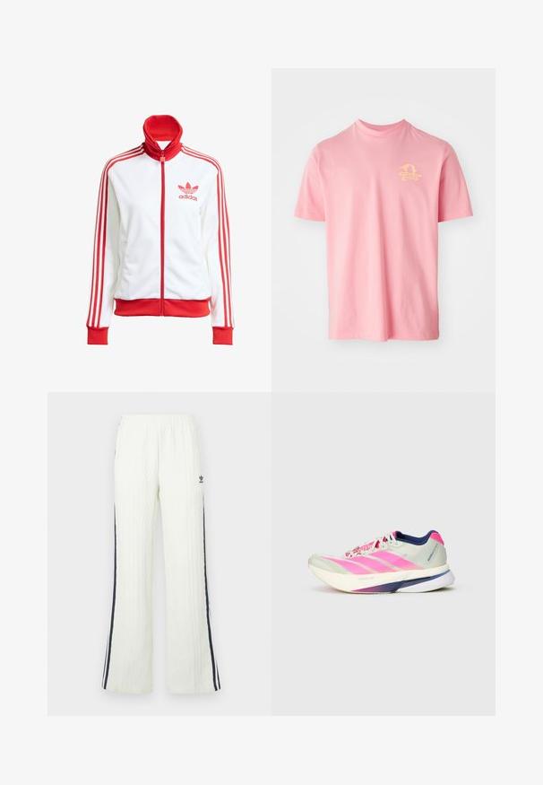 Veste de piste blanche avec des accents rouges, zip intégral, col haut, trois bandes rouges sur les manches et logo Adidas rouge brodé sur la poitrine.; T-shirt rose à manches courtes en mélange de coton, avec un graphique jaune sur le haut à gauche de la poitrine représentant un voilier. Encolure ronde.; Pantalon crème clair en maille torsadée avec une coupe évasée. Doté de bandes latérales bleu foncé et d'un logo Adidas sur la hanche. Taille élastique.; Chaussure de course avec une tige en mesh léger de couleur vert pâle et des rayures roses, des accents violets et une épaisse semelle blanche portant l'inscription "LIGHTSTRIKE PRO."