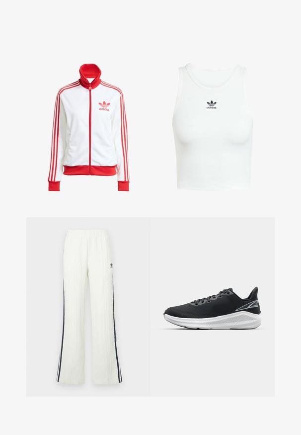 Weißer Trainingsjacke mit roten Akzenten, Vollreißverschluss, hohem Kragen, drei roten Streifen an den Ärmeln und gesticktem roten Adidas-Logo auf der Brust.; Weißes Baumwoll-Tanktop mit einer enganliegenden Rippenstruktur, rundem Halsausschnitt und gesticktem schwarzem Adidas-Logo auf der Vorderseite.; Helle cremefarbene Strickhose mit Zopfmuster und ausgestelltem Schnitt. Verfügt über dunkelblaue Seitenstreifen und ein Adidas-Logo an der Hüfte. Elastischer Bund.; Schwarze Sportschuhe mit einer strukturierten Oberseite, grauen Schnürsenkeln, einer weißen Zwischensohle und einem leicht erhöhten Absatz, auf der Seite mit einem Logo versehen.