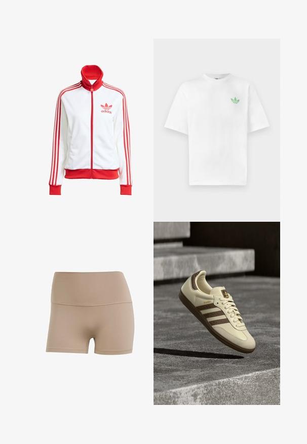 Hvid træningsjakke med røde accenter, fuld lynlås, høj krave, tre røde striber på ærmerne og broderet rødt Adidas-logo på brystet.; Hvid bomuld t-shirt med korte ærmer og rund hals. Liten grøn logo på venstre side af brystet. Glat tekstur.; Nude farvet strækstofshorts med høj talje, glat tekstur og kontrasterende syninger. Designet til komfort og fleksibilitet.; Sneaker i cremefarve med brune detaljer, teksturerede sidelommer og en glat læderfinish. Har snøredesign og gummisål.