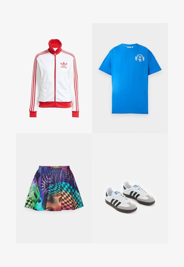 Valkoinen ajotakki punaisilla yksityiskohdilla, täysi vetoketju, korkea kaulus, kolme punaista raitaa hihoissa ja brodeerattu punainen Adidas-logo rintapielessä.; Sininen puuvillapaita lyhyillä hihoilla. Etupuolella on valkoinen graafinen kuvasto, jossa on hahmo, joka käyttää kuulokkeita ja kaarta.; Värikäs hame, jossa on sekoitus kuoseja purppurassa, sinisessä, vihreässä ja oranssissa. Joustava vyötärö ja laskostettu muotoilu parantavat liikkuvuutta.; Urheilukengät, joissa on valkoinen nahkainen päällinen, harmaa mokkanokka ja kolme mustaa raitaa. Ominaisuuksina sininen logo kielekkeessä ja kuvioitu kumipohja.
