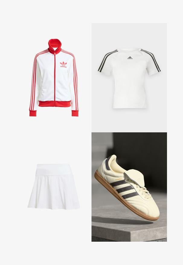Bijela sportska jakna s crvenim detaljima, puna zatvarač, visoki ovratnik, tri crvene pruge na rukavima i vezeni crveni Adidas logo na prsima.; Bijela atletska majica kratkih rukava s crnim trostrukim dizajnom na ramenima, glatke teksture i malim crnim adidas logom na prsima.; Bijela atletska suknja s uskim strukom i lepršavim donjim dijelom. Izrađena od lagane, prozračne tkanine s glatkom teksturom.; Kremaste kožne tenisice s tri tamne pruge, smešnim gumiranim potplatom i zaobljenim vrhom. Imaju preklopni jezik označen s "SAMBA."