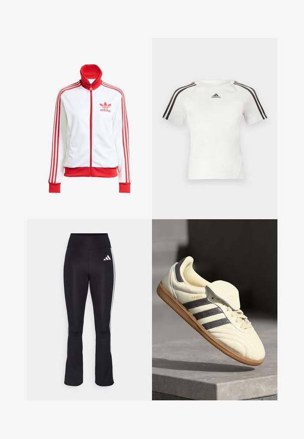 White track jacket with red accents, full zip, high collar, three red stripes on sleeves, and embroidered red Adidas logo on the chest.; White short-sleeve athletic shirt with black three-stripe design on shoulders, smooth texture, and a small black adidas logo on the chest.; Black athletic pants with a high waistband, flared leg design, and white side stripes. Features the Adidas logo on the left thigh.; Cream leather sneaker with three dark stripes, a brown gum outsole, and a rounded toe. Features a foldable tongue labeled "SAMBA."