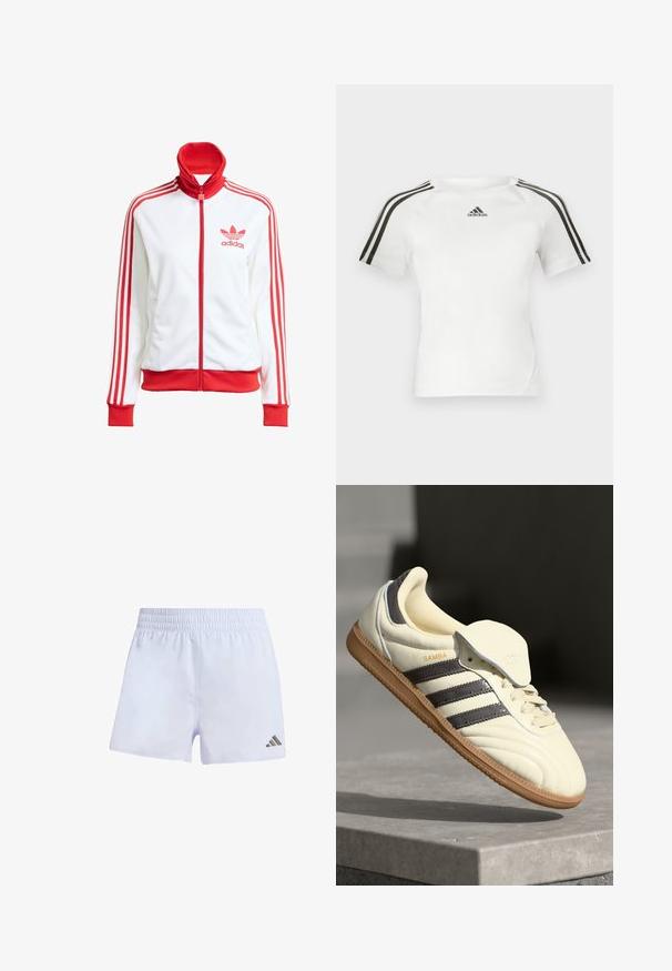 Veste de piste blanche avec des accents rouges, zip intégral, col haut, trois bandes rouges sur les manches et logo Adidas rouge brodé sur la poitrine.; T-shirt de sport blanc à manches courtes avec un design à trois rayures noires sur les épaules, texture lisse et un petit logo adidas noir sur la poitrine.; Shorts de sport blancs avec une taille élastique, fabriqués à partir d'un matériau léger, présentant un petit logo foncé sur la jambe inférieure droite.; Baskets en cuir crème avec trois bandes sombres, une semelle extérieure en gomme marron et un bout arrondi. Présentent une languette pliable étiquetée "SAMBA."