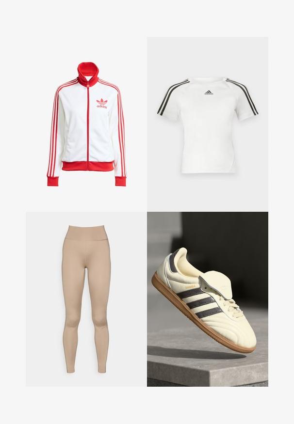 Witte sportjack met rode accenten, volledige rits, hoge kraag, drie rode strepen op de mouwen en geborduurd rood Adidas-logo op de borst.; Witte sport shirt met korte mouwen, voorzien van een zwart driekleurig ontwerp op de schouders, een gladde textuur en een klein zwart adidas-logo op de borst.; Lichtbeige leggings met een hoge tailleband, gemaakt van soepel, rekbaar materiaal, zonder zichtbare naden of patronen.; Crème leren sneaker met drie donkere strepen, een bruine gumrubberen zool en een ronde neus. Voorzien van een opvouwbare tong met het label "SAMBA."