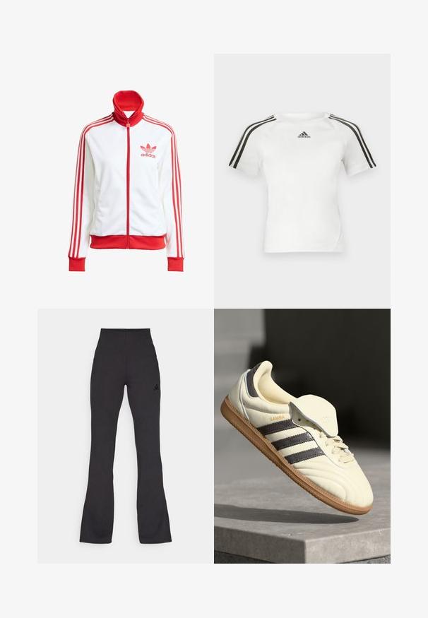 White track jacket with red accents, full zip, high collar, three red stripes on sleeves, and embroidered red Adidas logo on the chest.; White short-sleeve athletic shirt with black three-stripe design on shoulders, smooth texture, and a small black adidas logo on the chest.; Black high-waisted flared pants made from smooth fabric, featuring a small black logo on the left side and solid color design.; Cream leather sneaker with three dark stripes, a brown gum outsole, and a rounded toe. Features a foldable tongue labeled "SAMBA."