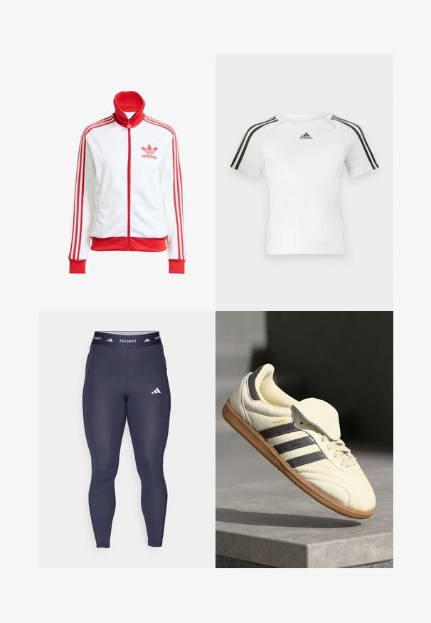 Biała kurtka sportowa z czerwonymi akcentami, na zamek błyskawiczny, wysoki kołnierz, trzy czerwone paski na rękawach oraz haftowane czerwone logo Adidas na piersi.; Biała sportowa koszulka z krótkim rękawem z czarnym wzorem trzech pasków na ramionach, gładka faktura i małe czarne logo adidas na piersi.; Granatowe dopasowane legginsy wykonane z elastycznego materiału, z kontrastowym białym logo "TECHFIT" i emblematem na pasku w talii.; Kremowe skórzane trampki z trzema ciemnymi paskami, brązową gumową podeszwą i zaokrąglonym noskiem. Posiadają składany język z napisem "SAMBA".