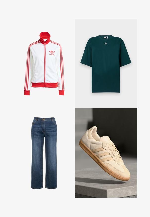Giacca da track bianca con accenti rossi, zip completa, colletto alto, tre strisce rosse sulle maniche e logo Adidas rosso ricamato sul petto.; Maglietta oversize verde scuro in cotone con maniche corte e scollatura rotonda, con logo Adidas bianco sul petto.; Jeans in denim blu scuro con una vestibilità a gamba dritta, tasche frontali, chiusura a zip e cuciture a contrasto visibili.; Sneaker in suede beige chiaro con suola in gomma, tre strisce diagonali e punta con texture. Presenta il logo sulla linguetta e sul lato.