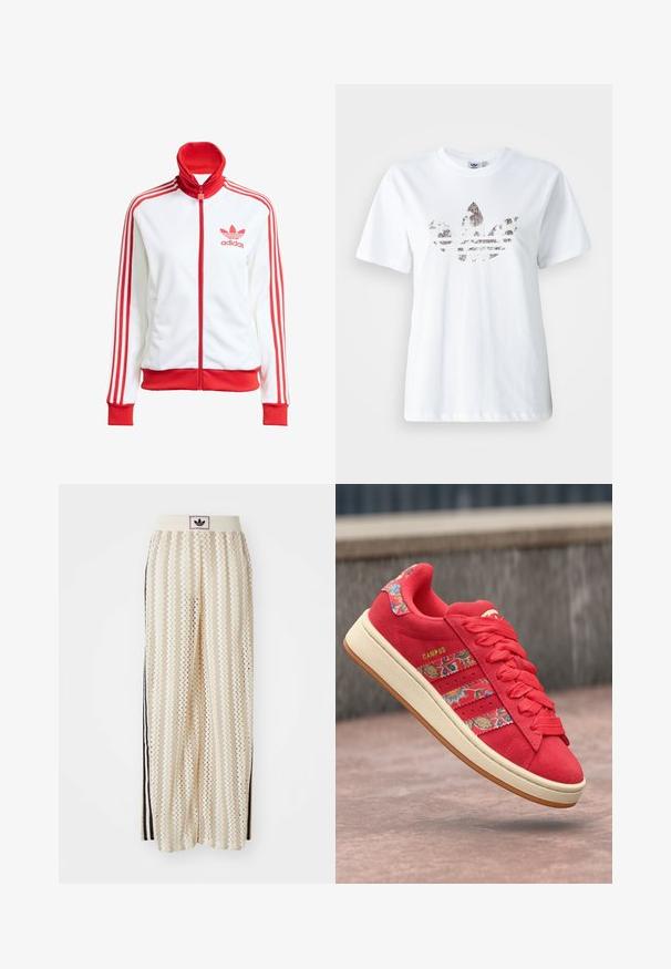 White track jacket with red accents, full zip, high collar, three red stripes on sleeves, and embroidered red Adidas logo on the chest.; White cotton T-shirt featuring a large, glittery, dark graphic of the Adidas trefoil logo on the front. Short sleeves and crew neckline.; Cream-colored wide-leg pants with a zigzag pattern, featuring a black logo waistband and side black stripes. Lightweight, textured fabric.; Red suede sneaker with floral patterned accents, three stripe design, textured laces, and a cream rubber sole. Gold "CAMPUS" logo detail.