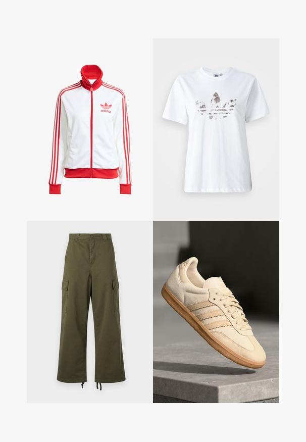 Hvid træningsjakke med røde accenter, fuld lynlås, høj krave, tre røde striber på ærmerne og broderet rødt Adidas-logo på brystet.; Hvid bomulds T-shirt med et stort, glitrende, mørkt grafisk design af Adidas trefoil-logoet på forsiden. Korte ærmer og rund halsudskæring.; Olivenfarvede cargo-bukser lavet af bomuld, med høj talje, brede ben, sidelommer og justerbare snore i kanten.; Lys beige ruskinds sneakers med gummisål, tre diagonale striber og en tekstureret tætsko. Har logo på tungen og siden.