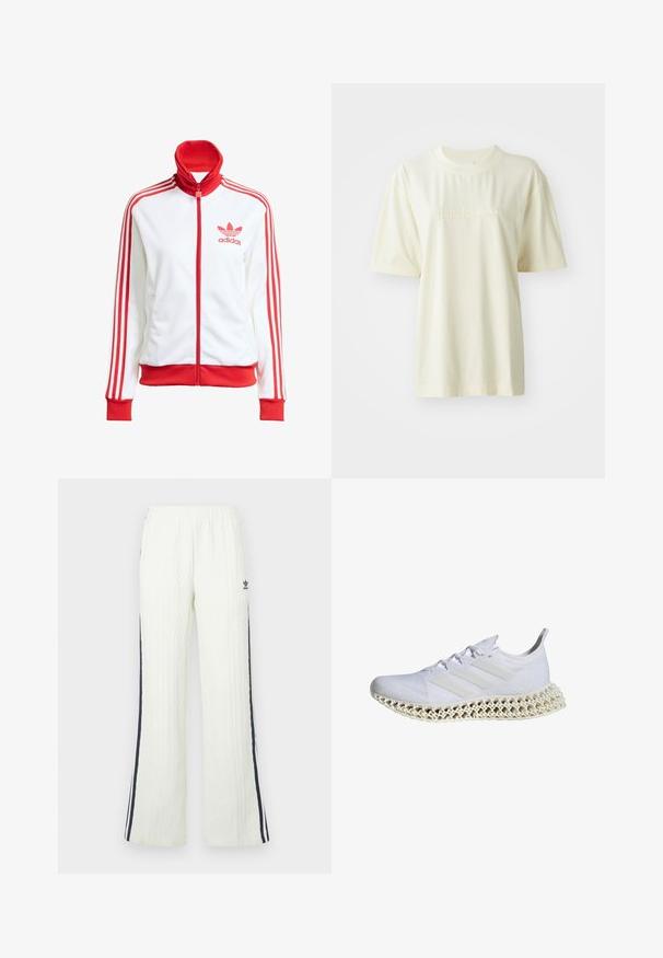 Witte sportjack met rode accenten, volledige rits, hoge kraag, drie rode strepen op de mouwen en geborduurd rood Adidas-logo op de borst.; Romiggekleurig katoenen T-shirt met een ronde hals, korte mouwen en een reliëf "adidas" logo op de borst. Gladde textuur en relaxte pasvorm.; Lichtcrèmekleurige, kabelgebreide broek met een uitlopende pasvorm. Voorzien van donkerblauwe zijstrepen en een Adidas-logo op de heup. Elastische tailleband.; Witte sportschoen met een getextureerde, ademende mesh bovenkant, voorzien van drie witte strepen en een kenmerkende lattice-stijl middenzool.