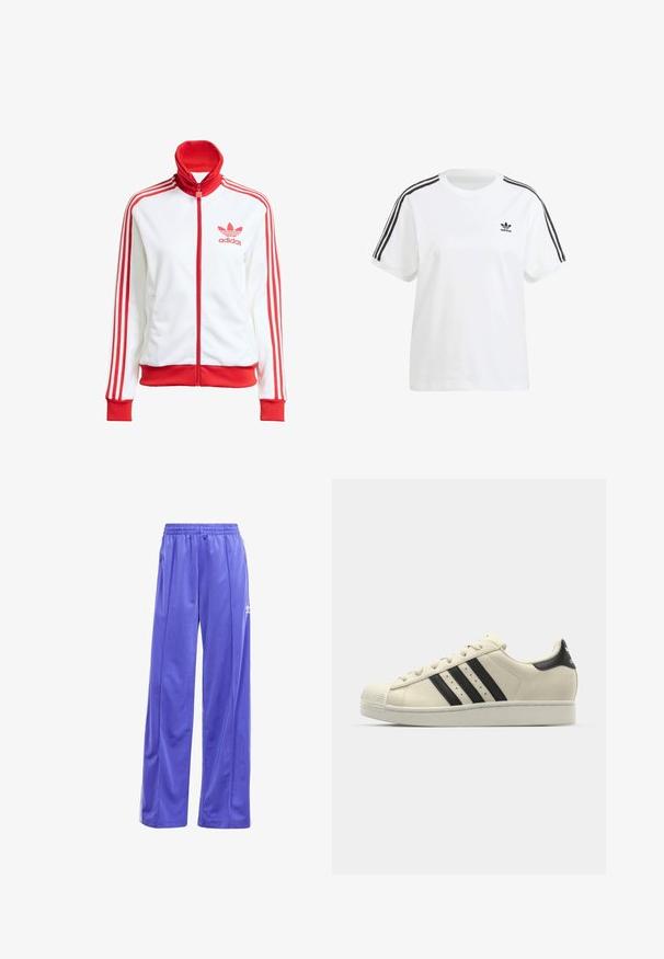 Biela tréningová bunda s červenými akcentmi, plný zips, vysoký golier, tri červené pruhy na rukávoch a vyšívané červené logo Adidas na hrudi.; Biela bavlnená tričko so krátkymi rukávmi, okrúhlym výstrihom a čiernymi vertikálnymi pruhmi na ramene, s malým čiernym logom na hrudi.; adidas Originals FIREBIRD LOOSE TRACK - Tepláky - energy ink; Biele kožené tenisky s čiernymi pruhmi, zaoblenou špičkou, gumovou podrážkou, textúrovaným povrchom a šnurovacím systémom. Na päte sa nachádza logo.