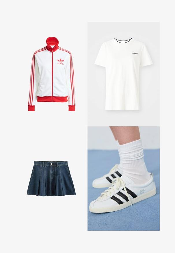 Veste de piste blanche avec des accents rouges, zip intégral, col haut, trois bandes rouges sur les manches et logo Adidas rouge brodé sur la poitrine.; T-shirt en coton blanc à manches courtes et à encolure ronde. Présente un logo Adidas noir sur la poitrine et un col intérieur noir contrastant.; Next REGULAR FIT - Minijupe - dark blue; Baskets blanches en cuir avec des rayures noires, semelle crème et lacets clairs. Portées avec des chaussettes blanches côtelées, positionnées sur un fond bleu.
