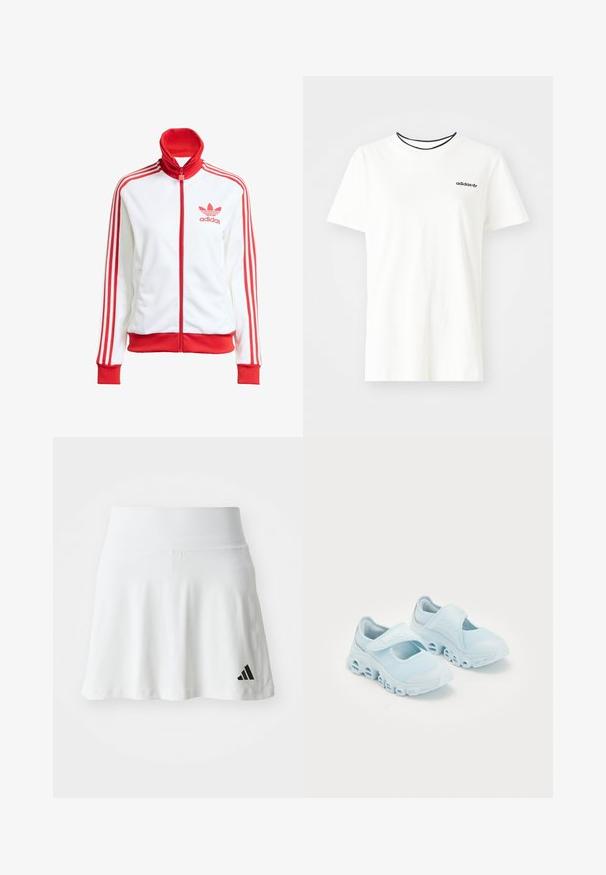 Bijela sportska jakna s crvenim detaljima, puna zatvarač, visoki ovratnik, tri crvene pruge na rukavima i vezeni crveni Adidas logo na prsima.; Bijela pamučna majica kratkih rukava s okruglim izrezom. Ima crni Adidas logo na prsima i kontrastnu crnu unutrašnju ovratniku.; Bela sportska suknja s mekim premazom, raširenog dizajna, i crnim Adidas logotipom na donjem lijevom dijelu. Glatka, elastična talija.; Svijetloplave tenisice s mrežastom tkaninom, istaknutim prorezima u potplatu i čičak trakom preko vrha za sigurno prianjanje.