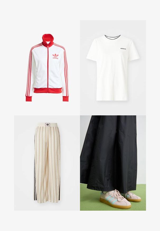 White track jacket with red accents, full zip, high collar, three red stripes on sleeves, and embroidered red Adidas logo on the chest.; White cotton t-shirt with short sleeves and a round neckline. Features a black Adidas logo on the chest and a contrasting black inner collar.; Cream-colored wide-leg pants with a zigzag pattern, featuring a black logo waistband and side black stripes. Lightweight, textured fabric.; Pink suede shoes with blue stripes, paired with a long black, crinkled fabric skirt. The background features a green floor.