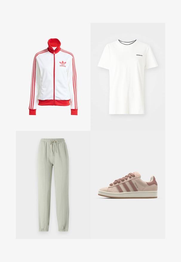 White track jacket with red accents, full zip, high collar, three red stripes on sleeves, and embroidered red Adidas logo on the chest.; White cotton t-shirt with short sleeves and a round neckline. Features a black Adidas logo on the chest and a contrasting black inner collar.; Light green sweatpants with an elastic waistband, adjustable drawstring, and tapered cuffs. Features vertical seam details along the front.; Pink suede sneakers with three darker pink stripes, round laces, and a white midsole. Designed with a cushioned collar for comfort.
