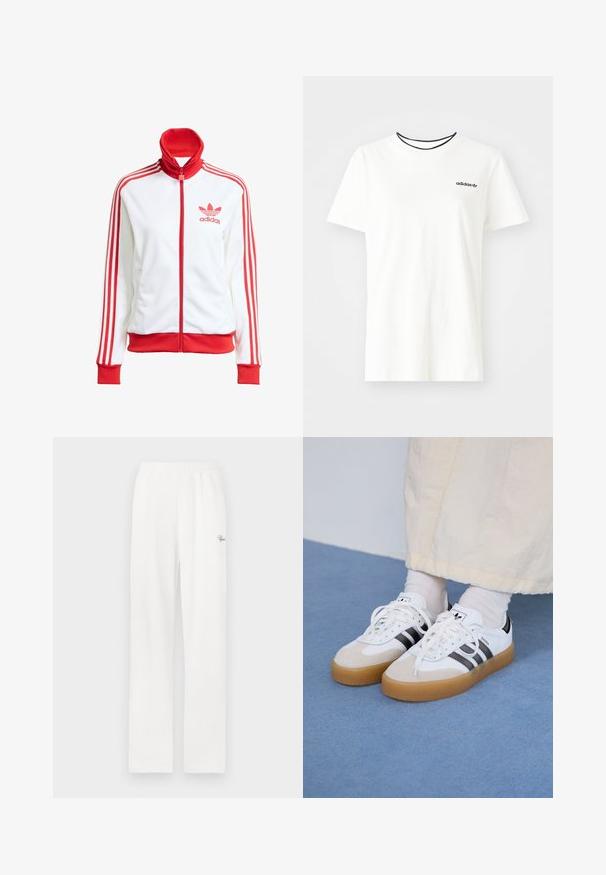 Witte sportjack met rode accenten, volledige rits, hoge kraag, drie rode strepen op de mouwen en geborduurd rood Adidas-logo op de borst.; Witte katoenen t-shirt met korte mouwen en een ronde halslijn. Heeft een zwart Adidas-logo op de borst en een contrasterende zwarte binnenkraag.; Witte, geribbelde loungebroek met een elastische tailleband en een klein decoratief logo aan de linkerzijde. Rechtaansluitend ontwerp en zachte textuur.; Witte sneakers met zwarte strepen en beige suède accenten. Voorzien van een gestructureerde gumzool en platte witte veters, gedragen met lichtgekleurde sokken.