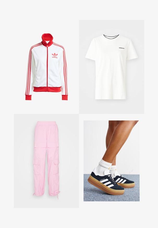 Witte sportjack met rode accenten, volledige rits, hoge kraag, drie rode strepen op de mouwen en geborduurd rood Adidas-logo op de borst.; Witte katoenen t-shirt met korte mouwen en een ronde halslijn. Heeft een zwart Adidas-logo op de borst en een contrasterende zwarte binnenkraag.; Roze cargobroek met een elastische tailleband, verstelbare boorden, en meerdere zijzakken, gemaakt van lichtgewicht, gestructureerde stof.; Zwarte suède sneakers met witte strepen en accenten, ronde neus, gum rubberen buitenzool, gecombineerd met witte geribbelde crewkousen.