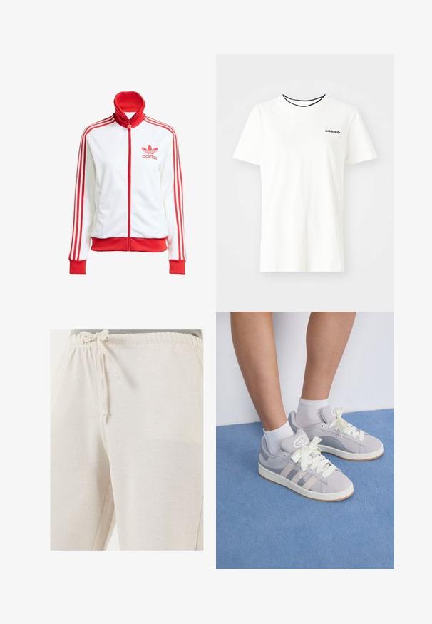 Witte sportjack met rode accenten, volledige rits, hoge kraag, drie rode strepen op de mouwen en geborduurd rood Adidas-logo op de borst.; Witte katoenen t-shirt met korte mouwen en een ronde halslijn. Heeft een zwart Adidas-logo op de borst en een contrasterende zwarte binnenkraag.; LELA REGULAR FIT - Broek - beige; Grijze suède sneakers met witte veters en rubberen zool, met drie diagonale strepen aan de zijkant en een logo patch op de tong.