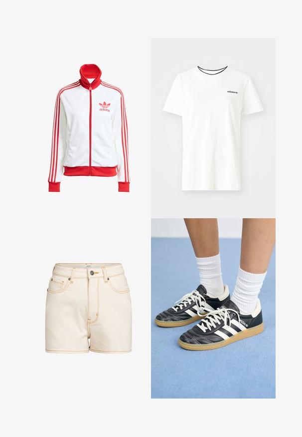 Witte sportjack met rode accenten, volledige rits, hoge kraag, drie rode strepen op de mouwen en geborduurd rood Adidas-logo op de borst.; Witte katoenen t-shirt met korte mouwen en een ronde halslijn. Heeft een zwart Adidas-logo op de borst en een contrasterende zwarte binnenkraag.; Beige denim shorts met een hoge taille, voorzien van contrasterende gele stiksels, steekzakken aan de voorkant en een metalen knoopsluiting met merklogo.; Zwarte leren sneakers met witte strepen, ronde neus, witte veters en een gumrubberen zool. Versterkt met een gevoerd kraag en merkdetails.