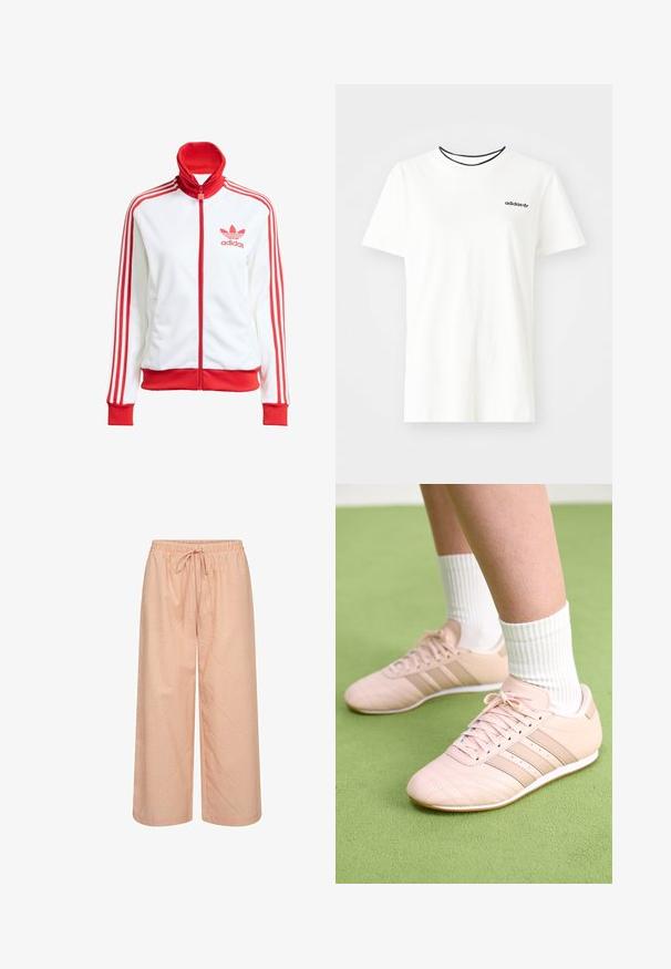Weißer Trainingsjacke mit roten Akzenten, Vollreißverschluss, hohem Kragen, drei roten Streifen an den Ärmeln und gesticktem roten Adidas-Logo auf der Brust.; Weißes Baumwoll-T-Shirt mit kurzen Ärmeln und rundem Halsausschnitt. Mit einem schwarzen Adidas-Logo auf der Brust und einem kontrastierenden schwarzen Innenkragen.; Hose mit weitem Bein in hellem Pfirsich mit weißen senkrechten Streifen. Verfügt über einen elastischen Bund mit Kordelzug. Hergestellt aus leichtem Stoff.; Helle rosa Sportschuhe mit schrägen Nähten, weißen Sohlen und drei seitlichen Streifen. Getragen mit gestreiften weißen Socken auf grünem Untergrund.