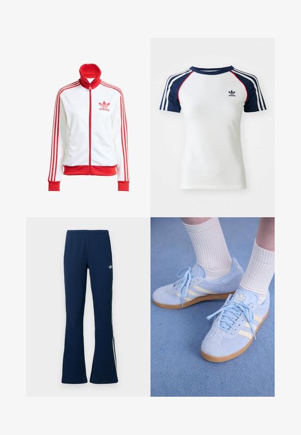 Bílá sportovní bunda na zip s červenými akcenty, vysoký límec, tři červené pruhy na rukávech a vyšitým červeným logem Adidas na hrudi.; Bílá bavlněná tričko s námořnickými modrými raglánovými rukávy, se třemi bílými pruhy a malým černým logem Adidas na hrudi. Červené detaily.; Námořnicky modré žebrované rozšířené sportovní kalhoty s bílými pruhy na bocích a vyšívaným logem na levé straně, s dvěma bočními kapsami.; Světlomodré semišové tenisky s bílými pruhy, plochými šňůrkami a gumovou podrážkou. Na nohou jsou žebrované bílé ponožky nad kotník.