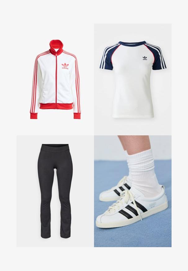 Giacca da track bianca con accenti rossi, zip completa, colletto alto, tre strisce rosse sulle maniche e logo Adidas rosso ricamato sul petto.; Maglietta in cotone bianca con maniche raglan blu navy, caratterizzata da tre strisce bianche e un piccolo logo Adidas nero sul petto. Dettagli rossi.; Leggings sportivi neri realizzati in un tessuto liscio ed elasticizzato. Presentano una vita alta e una silhouette aderente dalla parte superiore fino al fondo.; Sneakers di pelle bianca con strisce nere, suola crema e lacci chiari. Indossati con calze bianche a coste, posizionati su uno sfondo blu.