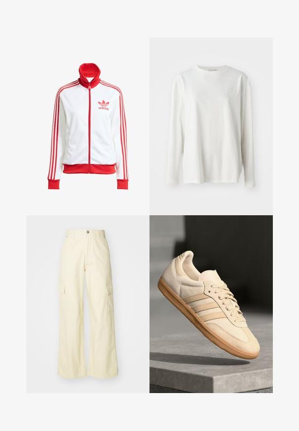 Giacca da track bianca con accenti rossi, zip completa, colletto alto, tre strisce rosse sulle maniche e logo Adidas rosso ricamato sul petto.; T-shirt bianco a maniche lunghe in cotone, con collo rotondo, spalle scese e un logo discreto sul petto. Texture morbida.; Pantaloni cargo a gamba larga in cotone giallo chiaro. Presentano due tasche laterali e una chiusura con bottone. Texture liscia con una vestibilità comoda.; Sneaker in suede beige chiaro con suola in gomma, tre strisce diagonali e punta con texture. Presenta il logo sulla linguetta e sul lato.