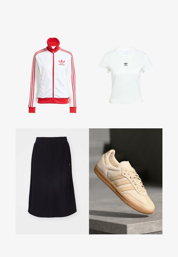 Bijela sportska jakna s crvenim detaljima, puna zatvarač, visoki ovratnik, tri crvene pruge na rukavima i vezeni crveni Adidas logo na prsima.; Bjela pamučna majica kratkih rukava s okruglim izrezom. Ima crni Adidas logo otisnut na prsima. Jednostavan, minimalistički dizajn.; Crna midi suknja od mekog materijala, s elastičnim pojasom i ravnim krojem. Uključuje suptilan detalj s logotipom u kontrastnoj boji.; Svijetlosmeđi nubuk tenisice s gumenim potplatom, tri dijagonalne pruge i teksturirani vrh. Sadrži logo na jeziku i bočnoj strani.