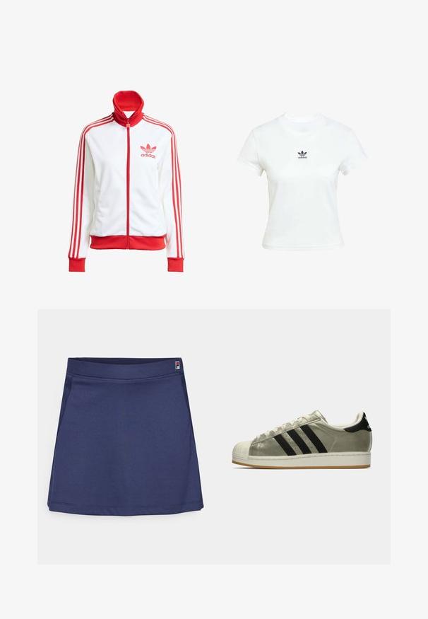 Bijela sportska jakna s crvenim detaljima, puna zatvarač, visoki ovratnik, tri crvene pruge na rukavima i vezeni crveni Adidas logo na prsima.; Bjela pamučna majica kratkih rukava s okruglim izrezom. Ima crni Adidas logo otisnut na prsima. Jednostavan, minimalistički dizajn.; Tamno plava sportska suknja napravljena od rastezljivog materijala, s ravnim strukom i malom oznakom u gornjem desnom kutu. Glatka tekstura.; Adidas tenisice s metalik maslinastim gornjim dijelom, tri crne pruge, gumeni zaštitni dio na prstima i guma potplat. Klasičan dizajn s teksturiranom tkaninom.