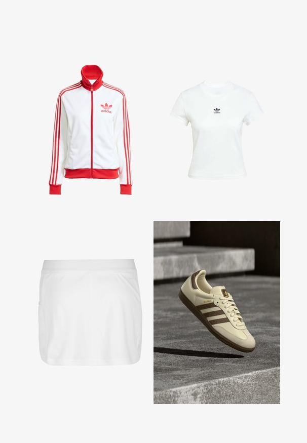 White track jacket with red accents, full zip, high collar, three red stripes on sleeves, and embroidered red Adidas logo on the chest.; White cotton t-shirt with short sleeves and a crew neckline. Features a black Adidas logo printed on the chest. Simple, minimal design.; adidas Performance TEAM 19 SKIRT ROCK DAMEN - Sports skirt - white; Cream-colored sneaker with brown accents, textured side stripes, and a smooth leather finish. Features a lace-up design and rubber sole.