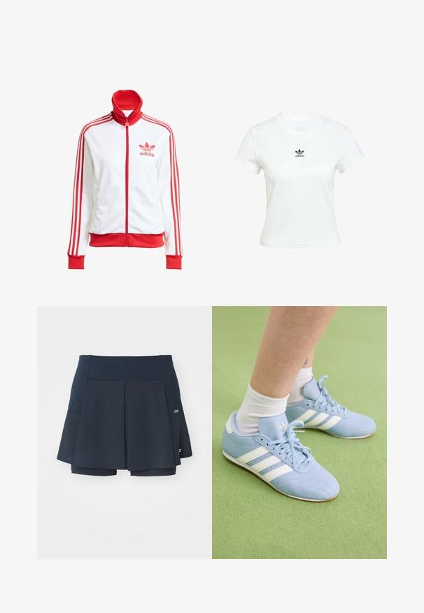 Bílá sportovní bunda na zip s červenými akcenty, vysoký límec, tři červené pruhy na rukávech a vyšitým červeným logem Adidas na hrudi.; Bílá bavlněná tričko s krátkými rukávy a kulatým výstřihem. Na hrudi se nachází černé logo Adidas. Jednoduchý, minimalistický design.; Námořnická atletická sukně s kraťasy s plisovaným designem, tkanou texturou, zabudovanými kraťasy a malou boční kapsou pro pohodlí.; Světle modré sportovní boty s bílými pruhy a logem. Mají texturovanou kůži, šněrovací design a gumovou podrážku. Nosí se s bílými ponožkami.