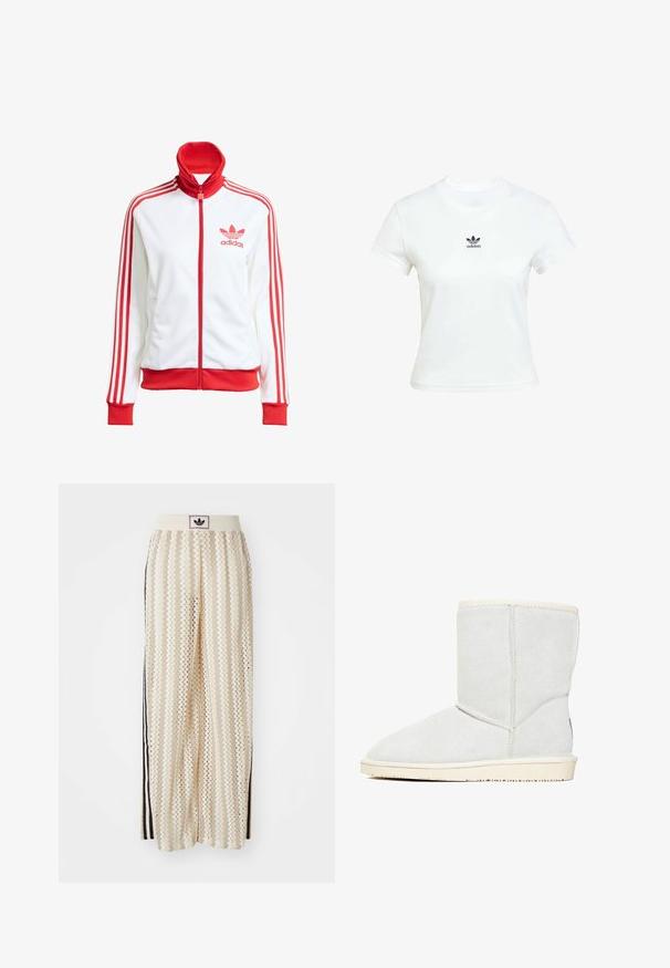 Witte sportjack met rode accenten, volledige rits, hoge kraag, drie rode strepen op de mouwen en geborduurd rood Adidas-logo op de borst.; Witte katoenen T-shirt met korte mouwen en een ronde hals. Voorzien van een zwart Adidas-logo op de borst. Eenvoudig, minimalistisch ontwerp.; Crème kleurige wijde broek met een zigzagpatroon, met een zwarte logo tailleband en zij zwarte strepen. Lichtgewicht, gestructureerde stof.; Witte suède enkelboots met een ronde neus, zachte textuur, contrasterende binnenvoering en een platte rubberen zool met een geprofileerde grip.
