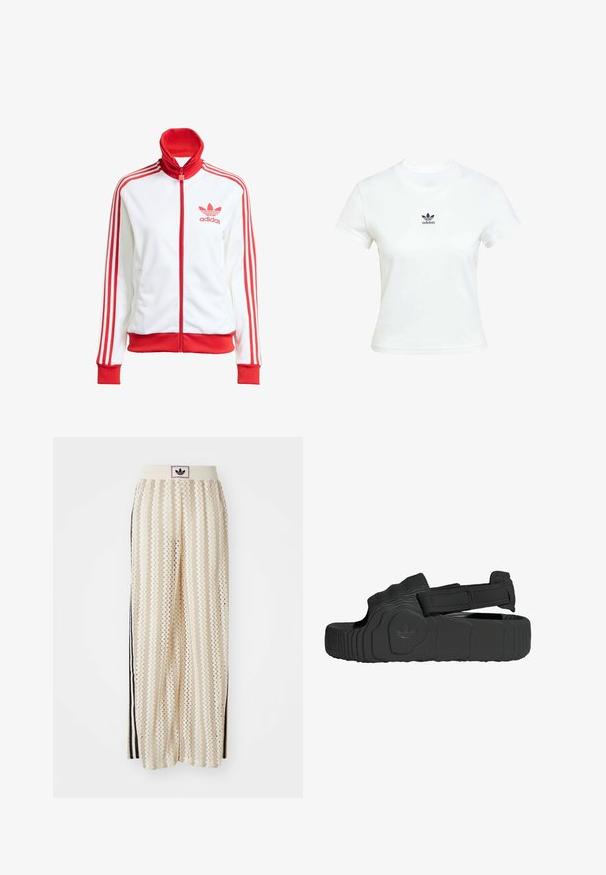 Bijela sportska jakna s crvenim detaljima, puna zatvarač, visoki ovratnik, tri crvene pruge na rukavima i vezeni crveni Adidas logo na prsima.; Bjela pamučna majica kratkih rukava s okruglim izrezom. Ima crni Adidas logo otisnut na prsima. Jednostavan, minimalistički dizajn.; Pantalone širokog kroja krem boje s zigzag uzorkom, koji sadrži sivi pojas s crnim logotipom i bočne crne pruge. Lagani, teksturirani materijal.; Crne sandale izrađene od teksturirane gume s širokim remenom i podesivim velcro zatvaranjem. Imaju uzorak na potplatu i detalj s brend logom.