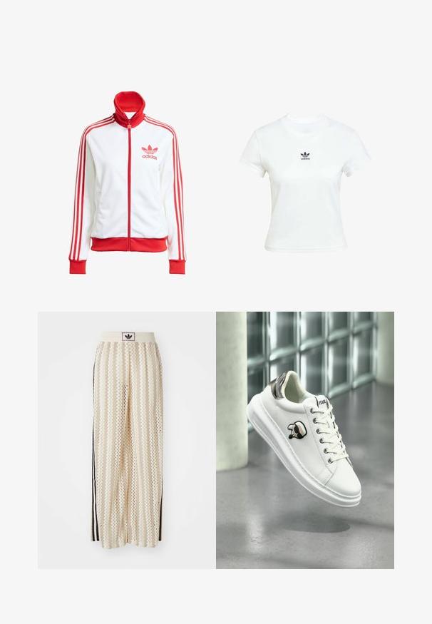 Biela tréningová bunda s červenými akcentmi, plný zips, vysoký golier, tri červené pruhy na rukávoch a vyšívané červené logo Adidas na hrudi.; Biela bavlnená tričko s krátkymi rukávmi a okrúhlym výstrihom. Na hrudi je vytlačené čierne logo Adidas. Jednoduchý, minimalistický dizajn.; Béžové nohavice s širokými nohavicami a zigzagovými vzormi, s čiernym logom na páse a bočnými čiernymi pruhmi. Ľahká, textúrovaná látka.; Biele tenisky Karl Lagerfeld s viazaním vpredu, čierno-bežovou logom a metalicky strieborným pätkovým panelom, plávajúce nad sivou podlahou.